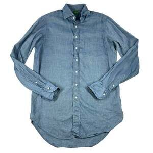 Sid Mashburn Chambray Button Up M Long Sleeve Cotton Linen Blend Blue Curved Hem